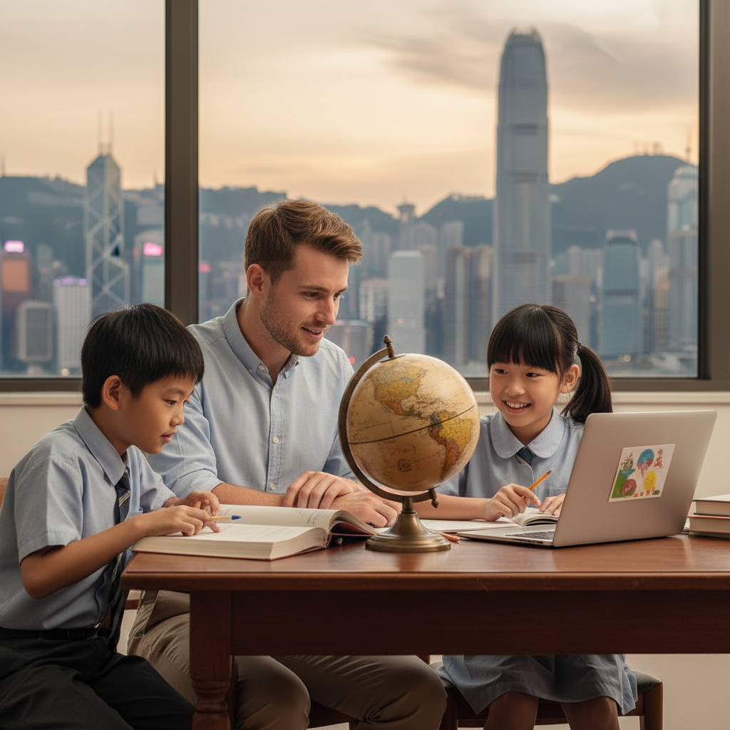 Young British teacher tutoring an East Asian boy and girl with a globe, representing UK curriculum support for expat families in Hong Kong