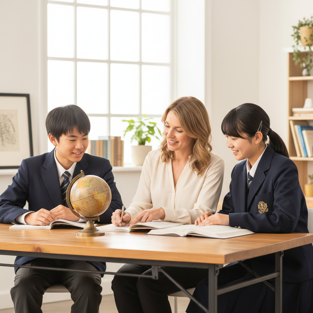 British female tutor with one male and one female Japanese native students at a desk with a globe, representing UK curriculum tutoring for expat families in Japan