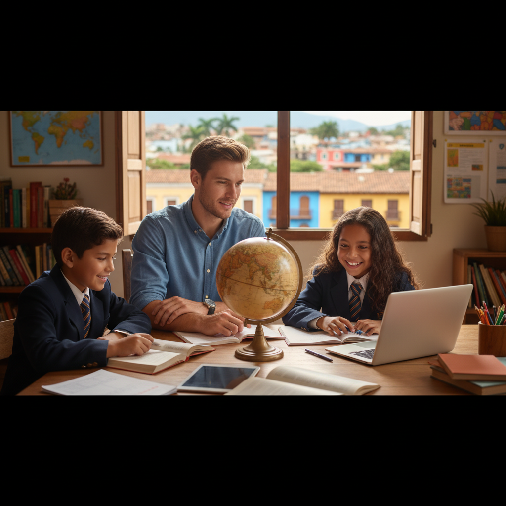 Young British teacher tutoring a Latin American boy and girl with a globe, representing UK curriculum support for expat families in Latin America