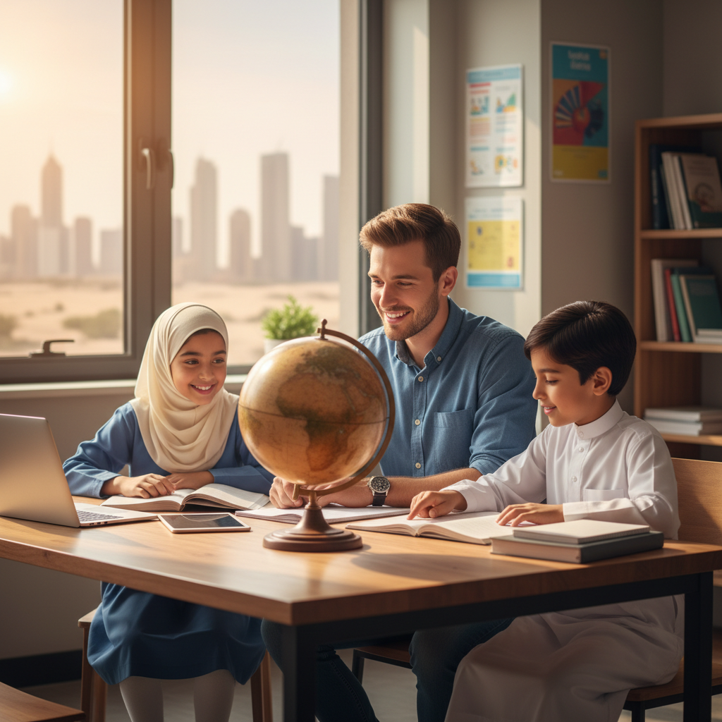 Young British teacher tutoring a Saudi boy and girl with a globe, representing UK curriculum support for expat families in Saudi Arabia