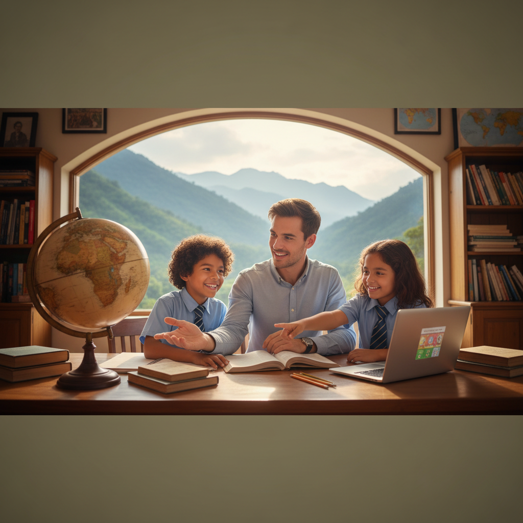 Young British teacher tutoring a South American boy and girl with a globe, representing UK curriculum support for expat families in South America
