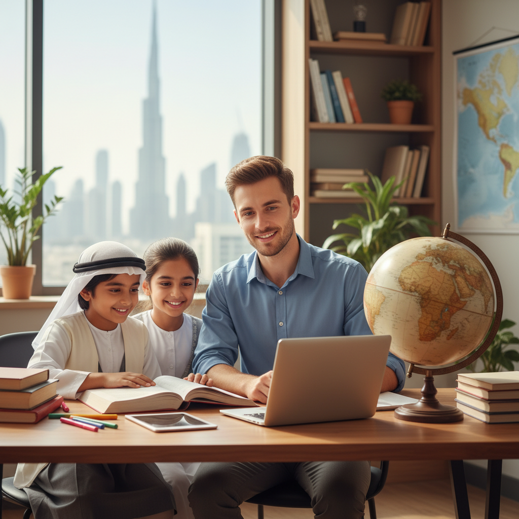 Young British teacher tutoring an Emirati boy and girl with a globe, representing UK curriculum support for expat families in the UAE